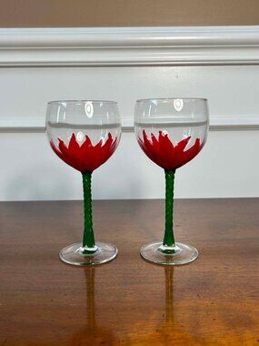Hand painted red flower balloon wine goblets